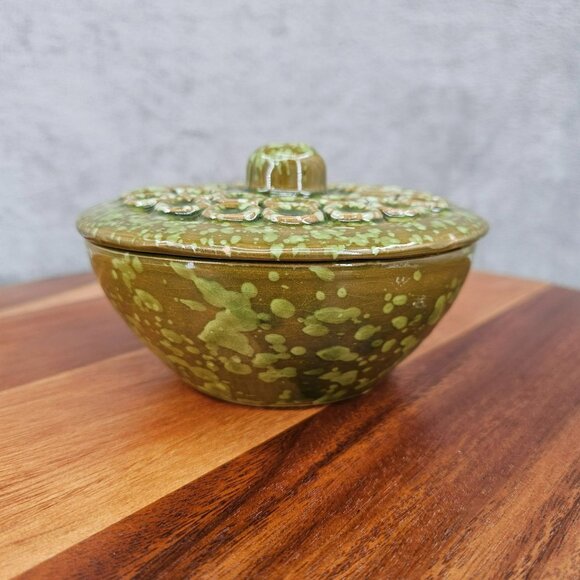 Italian Pottery Bowl Vintage Green Brown Spatterware Made in Italy Studio Glazed